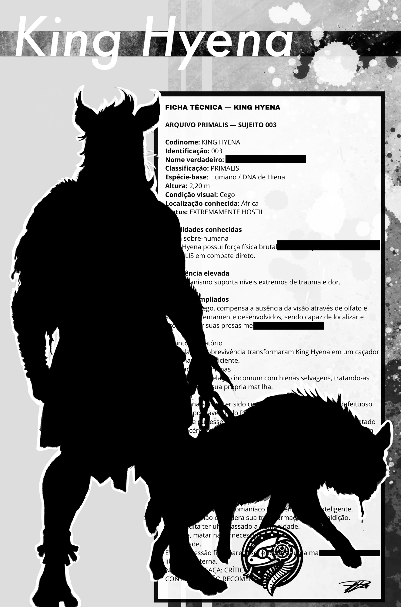 Ficha técnica de King Hyena: identificação, habilidades e informações classificadas.