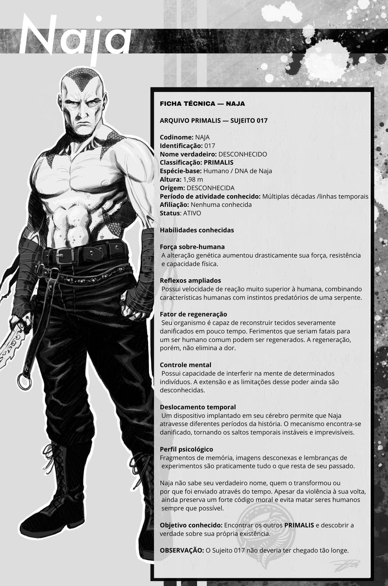 Ficha técnica de NAJA: identificação, habilidades, perfil psicológico e objetivo conhecido.