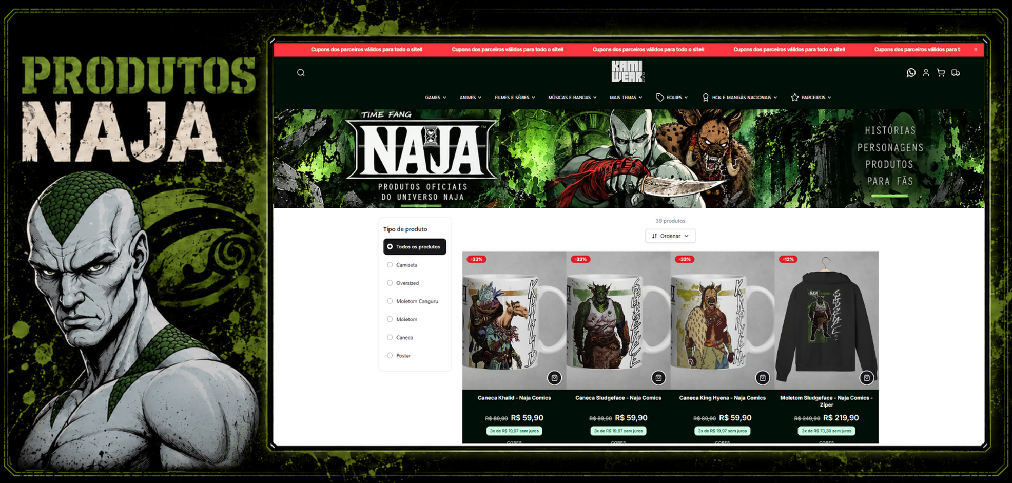 Vitrine da loja Kami Wear com canecas, camisetas e moletons oficiais do universo NAJA.