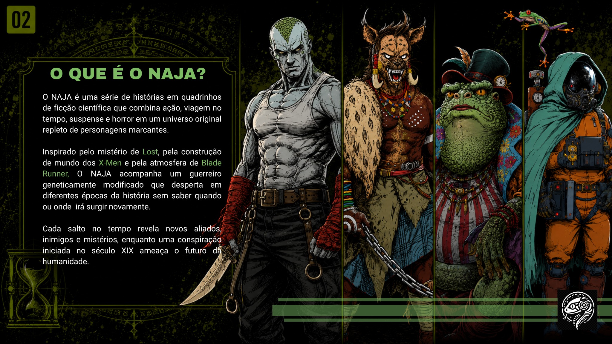 Página 02 do Pitch: apresentação da série NAJA e seus personagens.