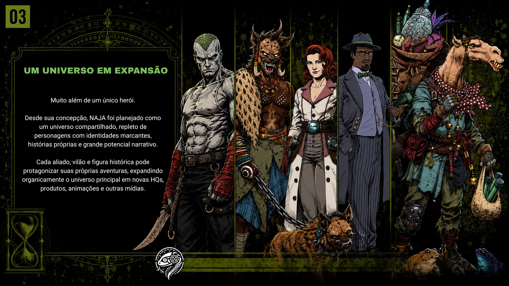 Página 03 do Pitch: personagens e possibilidades de expansão do universo NAJA.