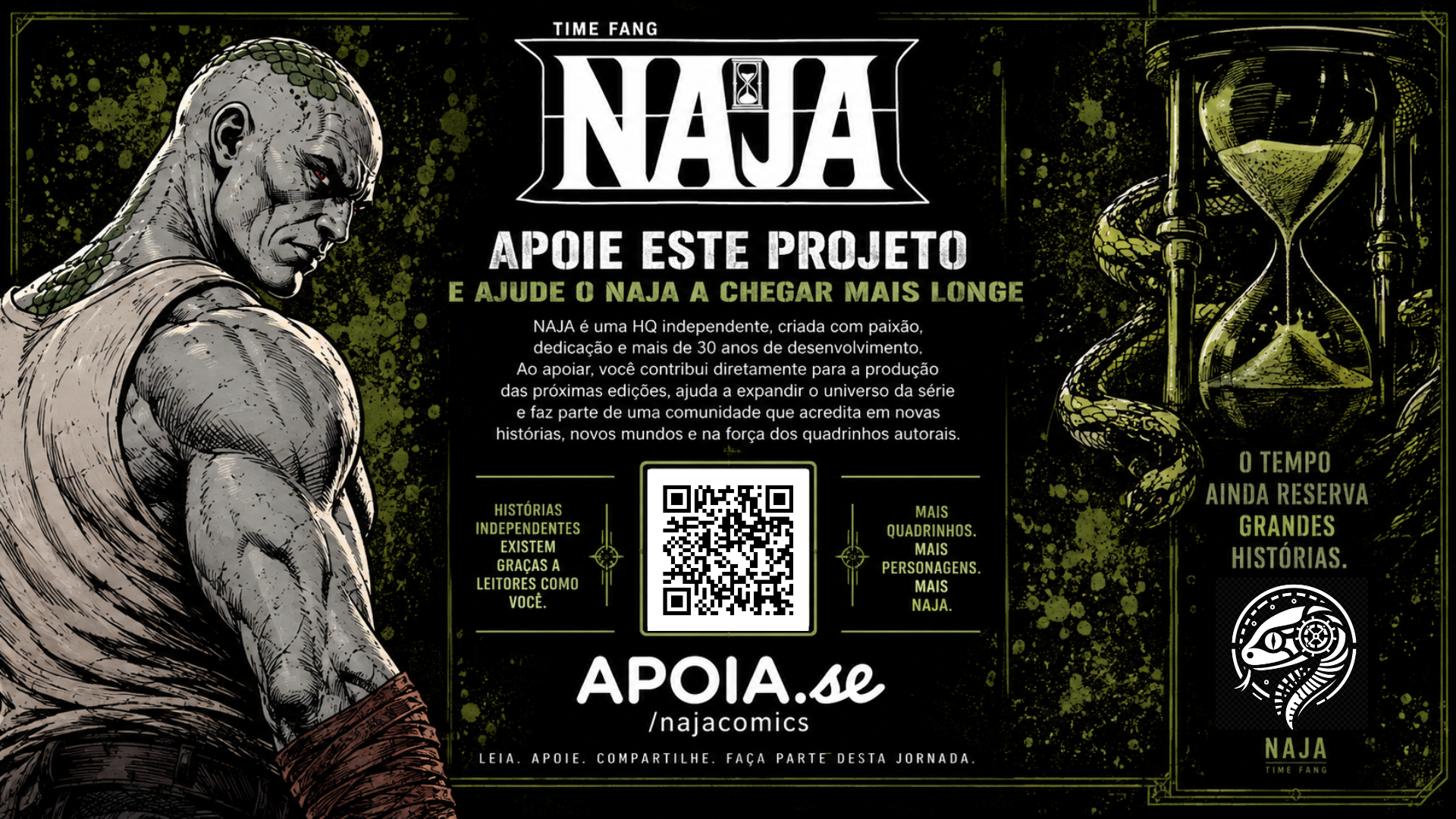 Página de apoio ao projeto NAJA, com informações sobre a campanha recorrente e QR code do Apoia.se.