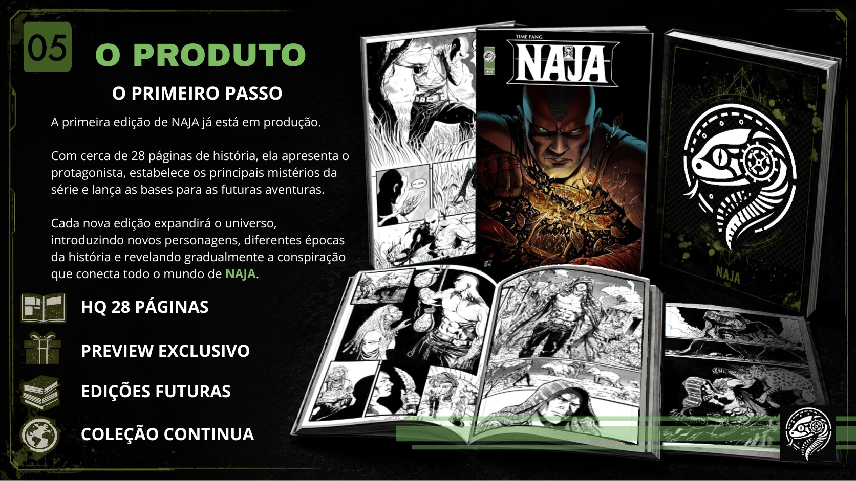 Página 05 do Pitch: apresentação da primeira edição de NAJA e amostras das páginas da história.