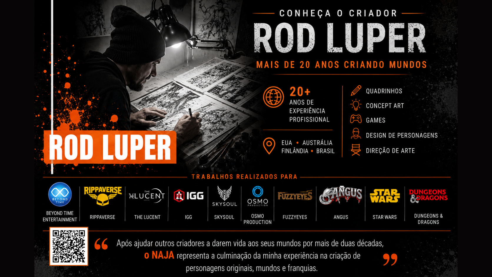 Página sobre a carreira de Rod Luper, criador de NAJA, com mais de vinte anos de experiência em quadrinhos, concept art, games, design de personagens e direção de arte.